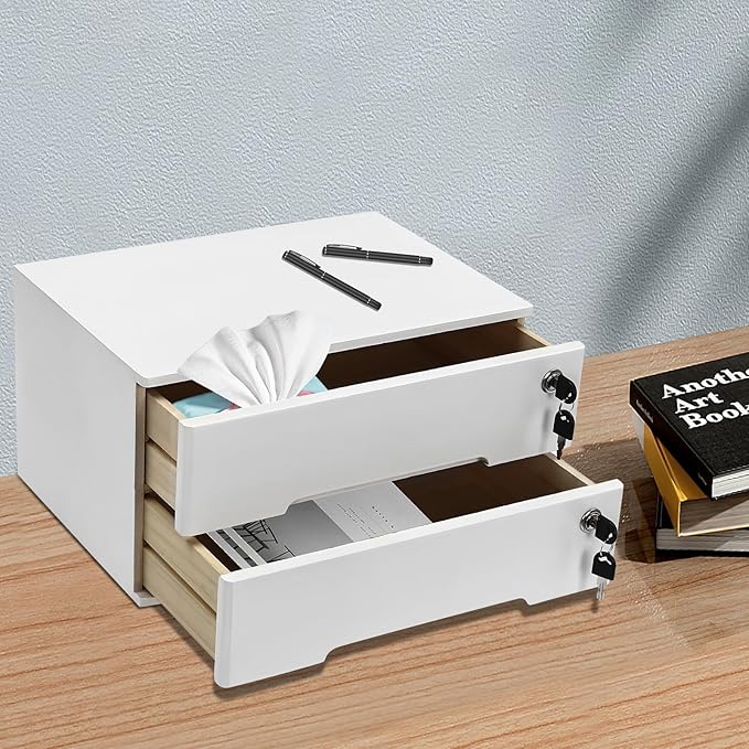 2-Tier Desk Organizer with Lockable Drawers, 2 Pairs of Keys, Wooden Desktop Storage Box, Categorized Storage Desktop File Cabinet(White)…