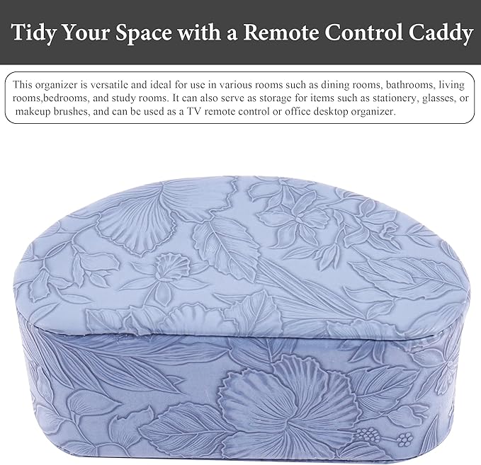 QIELIZI Remote Control Holder, PU Leather Remote Caddy Desktop Organizer with 5 Spacious Compartments for TV Remotes/Media Controllers/Office Supplies (1-Carved Blue