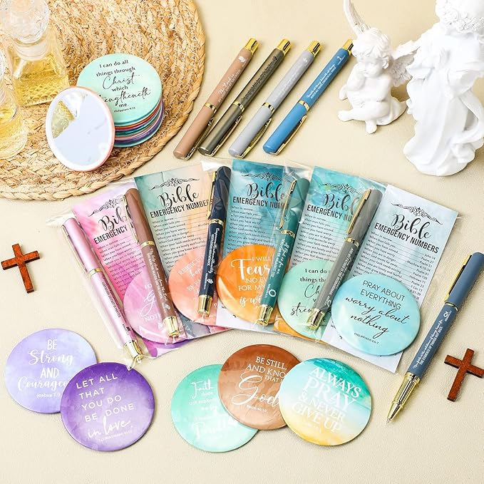 Sayglossy 50 Sets Mother's Day Women Christian Gifts Bulk Bible Verse Gel Pens Religious Compact Mirrors Emergency Bookmarks for Mother Grandmother Daughter Bible Study Group (Rendering Color)