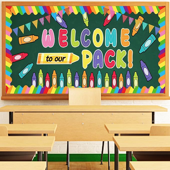 79Pcs Welcome Back to School Bulletin Board Classroom Decorations,Welcome to Our Pack Crayon Classroom Cutouts Wall Door Decor Chalkboard Sign for First Day of School Party
