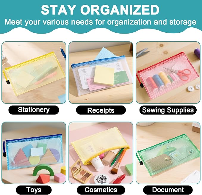Mesh Zipper Pouch Bags - 5Pack A6 Waterproof Small Zipper Bags 4.7x9.3 Inch Clear Mesh Storage Pouches Assorted Colors for Home, Office, School, Travel, Receipts, Puzzles, Pencil, Cosmetic