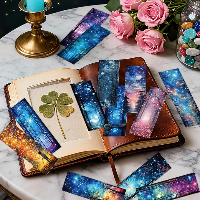 Fantasy Starry Night Forest Bookmarks - Cosmisun 100 Pcs Starry Night Sky Bookmark Paper Moon Space Book Marks Page Marker Clip Gifts for Women Men Boys Book Lovers Students Teachers Bookish Reading