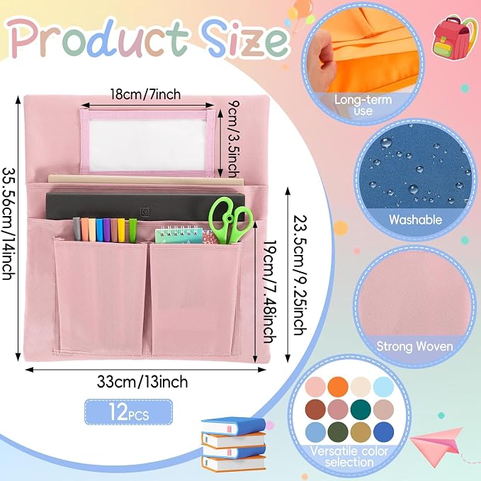 gisgfim 12 Pcs Small Chair Pockets for Classroom 13 x 14 Inch Bag with Name Tag Multi Pockets Chairsback Pouch Organizer for Student Kindergarten Elementary Daycare (Light Boho)