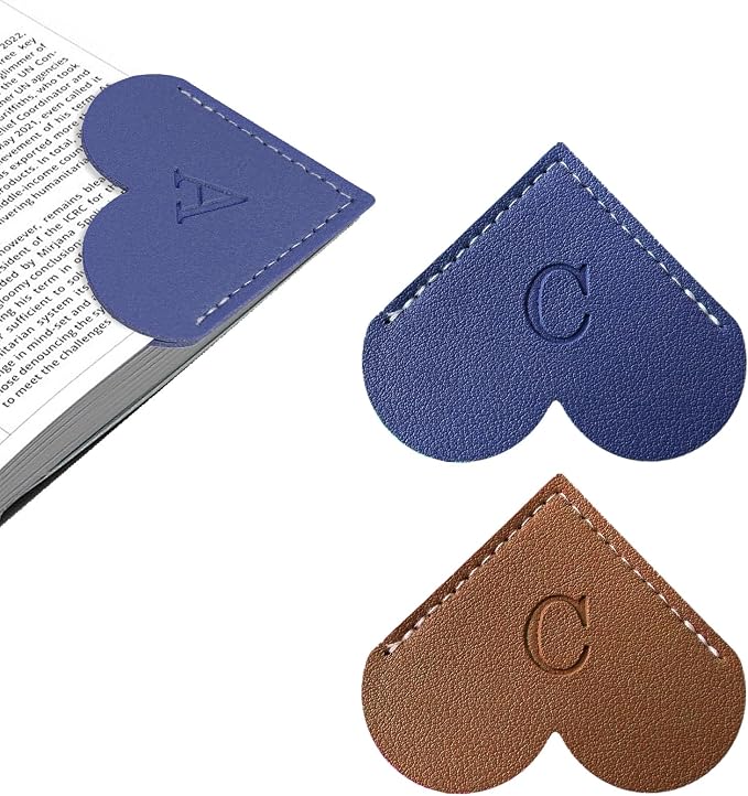 2Pcs Personalized Leather Heart Bookmark with Initial, 26 Letters Custom Corner Page Book Mark for Reading Women, Book Lovers, Teachers, Students, Cute Book Accessories Gifts(Blue+Dark Brown, C)