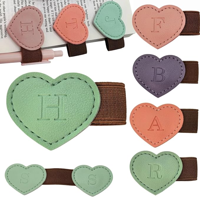 Personalized Magnetic Leather Heart Bookmark with Pen Holder - 26 Letters Custom Book Mark Notebook Pencil Loop with Initial Book Marker for Readers, Book Lovers- Gifts for Women Men(Green,H)