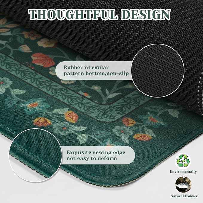 iCasso Aesthetic Floral Desk Mat, L Mouse Pads, Anti-Slip Retro Mousepad with Stitched Edges, Waterproof Computer Pad 11.8"x31.5", Desk Accessories Office Decor for Women(Deep Green)