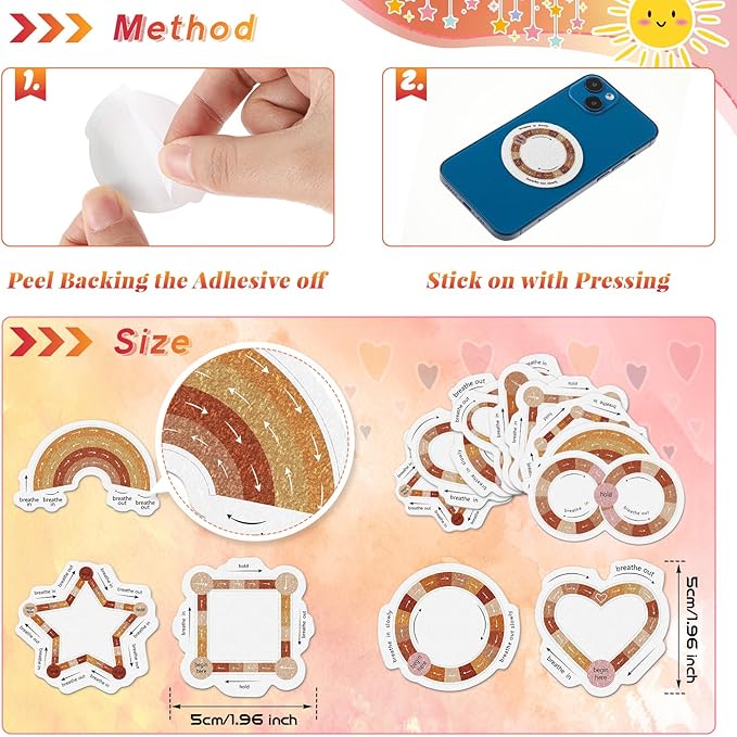 Gersoniel 36 Pcs Anxiety Sensory Stickers Strips Adhesive Textured Mental Health Calm Stickers Mindfulness Fidget Decals Stress Anxiety Relief Items for Therapy Office Desk(Boho Breathe Style)