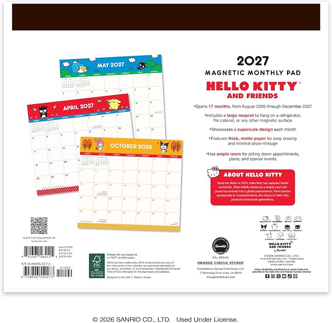 Orange Circle Studio 2027 Hello Kitty and Friends Magnetic Monthly Calendar Pad, 17-Month Full Color Character Calendar for Office Desk & Refrigerator, Wall Planner, 9.6" x 8.5", Tear-Off Pages Sheets