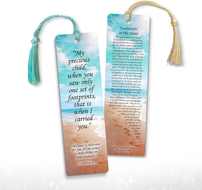 Footprints in The Sand Bookmark - 12 Pack, 2-Sided, Christian Inspirational Bible Book Mark with Tassels, Bulk Religious Book Markers for Reading, 7.25"x2" (12 Bookmarks)