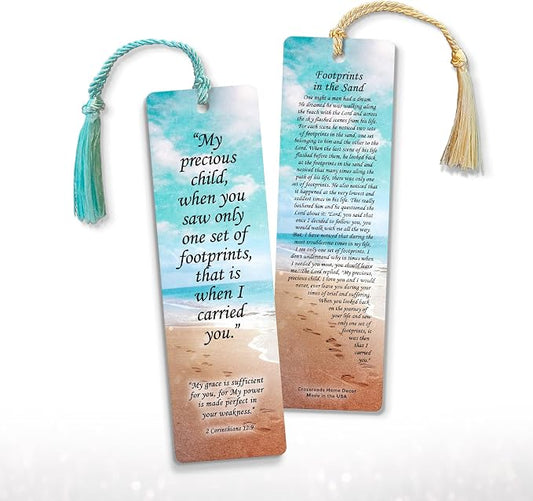Footprints in The Sand Bookmark - 12 Pack, 2-Sided, Christian Inspirational Bible Book Mark with Tassels, Bulk Religious Book Markers for Reading, 7.25"x2" (12 Bookmarks)