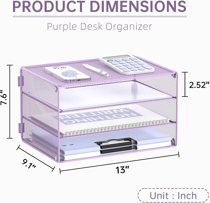 DALTACK 3 Tier Letter Tray Paper Organizer for Desk, Mesh Metal Desk File Organizer with Sliding Trays for Letter/A4 Paper, Mail, Bills & Folders, Light Purple