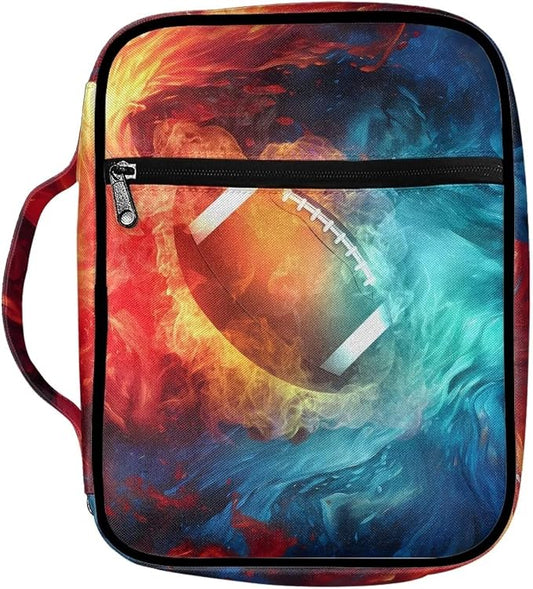 Coldinair Bible Cover Football Print Carrying Book Case Church Bag Polyester Bible Protective with Handle and Zippered Pocket Rugby On Fire Flame Bible Carrying Case