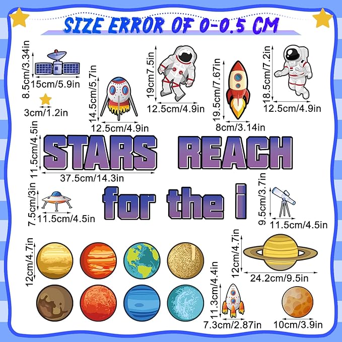 68 Pcs Outer Space Classroom Bulletin Border Decoration Star Cutouts Planet Astronaut Spacecraft Instrument Cutout Reach for The Stars Cutouts for Space Themed Classroom Chalkboard Wall (Outer Space)