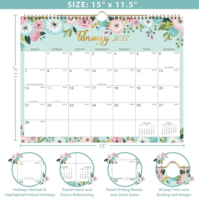 Calendar 2026-2027 - Wall Calendar 2026-2027, JUL 2026 - Dec 2027, 15" x 11.5", 18 Months Hanging Monthly Calendar, 26-27 Calendar with Spiral Bound, Julian Dates, Thick Paper Perfect for Home Office Organizing