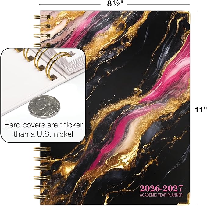 HARDCOVER Academic Year 2026-2027 Planner: 14 Months (May 2026 Through June 2027) 8.5"x 11" Daily Weekly Monthly Planner Yearly Agenda. Bookmark, Pocket Folder and Sticky Note Set (Dark Gold Marble)