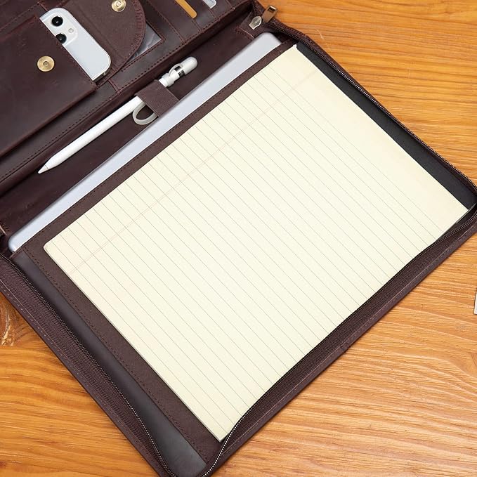 YIWEN Handmade Leather Portfolio, Zippered Padfolio Organizer Case, 8.5 x 11" Notepad Holder and 13" Tablet Folio, Professional Business Travel Gift for Women and Men (Dark Brown, Crazy Horse Leather)
