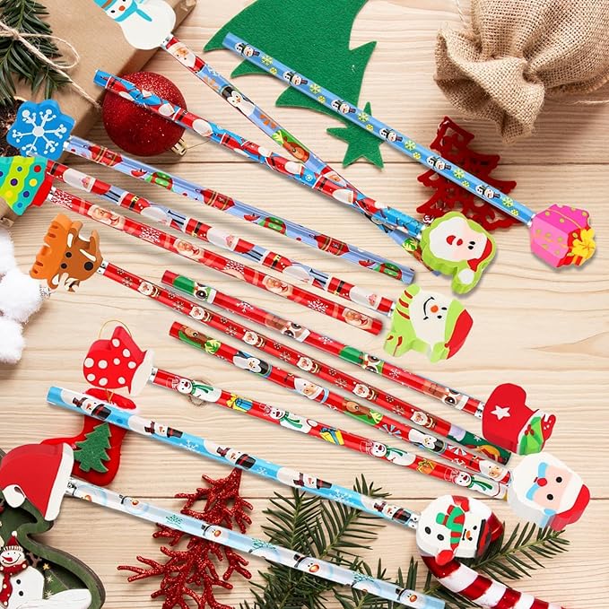 Christmas Pencils with Giant Eraser Assortment Christmas Themed Pencil Wooden Pencils for Christmas Party Supplies Xmas Stocking Stuffers, 12 Style (36)