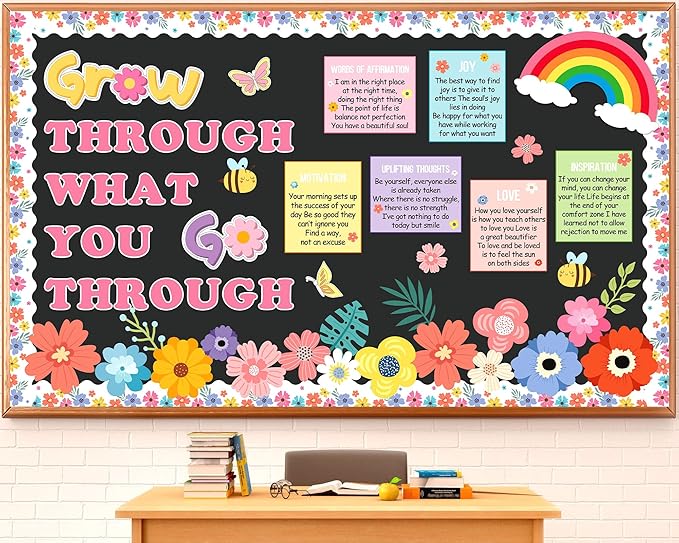 Spring Bulletin Board Decorations Positive Flower Bee Butterfly Paper Cutouts Motivational Grow Through What You Go Through Bulletin Board Set for School Classroom Chalkboard Wall Decoration Favor