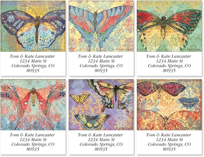 Colorful Images Elaborate Butterflies Square Return Address Mailing Labels, Personalize with Name & Addresses, Set of 144 Self Adhesive, Easy Peel Flat Label Sheets, 1½” x 1¾”, 1 Design