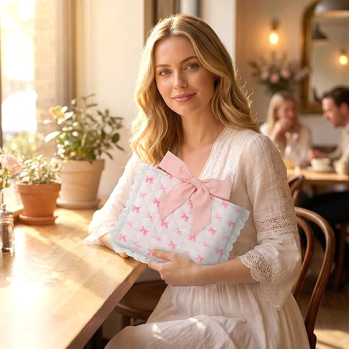 Vintage Pink Bow Quilted Bible Book Bag Cover for Women – Fits Standard Size Bibles Padded Protector Washable Cotton Bag with Elegant Lace Trim with Interior Zipper Pocket