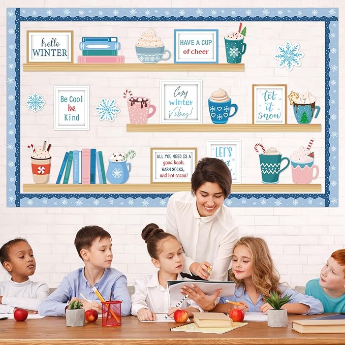 Winter Hot Cocoa Bulletin Board Set Winter Warm Inspirational Bulletin Board Christmas Classroom Decoration Snowflakes Paper Cutouts for Xmas Holiday School Office Chalkboard Wall Supplies
