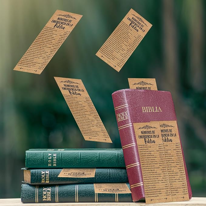 Motiskyy 100 Pcs Spanish Bible Emergency Numbers Bookmark Christian Church Gift 6 x 2.36 Inches Religious Bookmarks for Daily Encouragement Church Favor Welcome Sunday School Teacher(Brown)