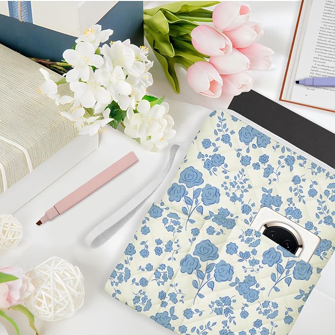 Blue Floral Quilted Bible Bag for Women, Bible Sleeve Cover with Zipper & Pen Pockets, Cute Bible Bag Book Sleeve, Washable Bible Case for Girls, Christian Gift 10x8 Inch