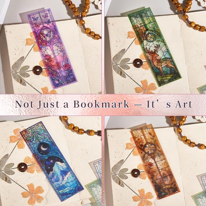 4PCS Fantasy Art Bookmarks, 5" × 1.5" PVC Stained Glass Art Book Marker, Romantasy Inspired Bookish Gifts for Book Lovers