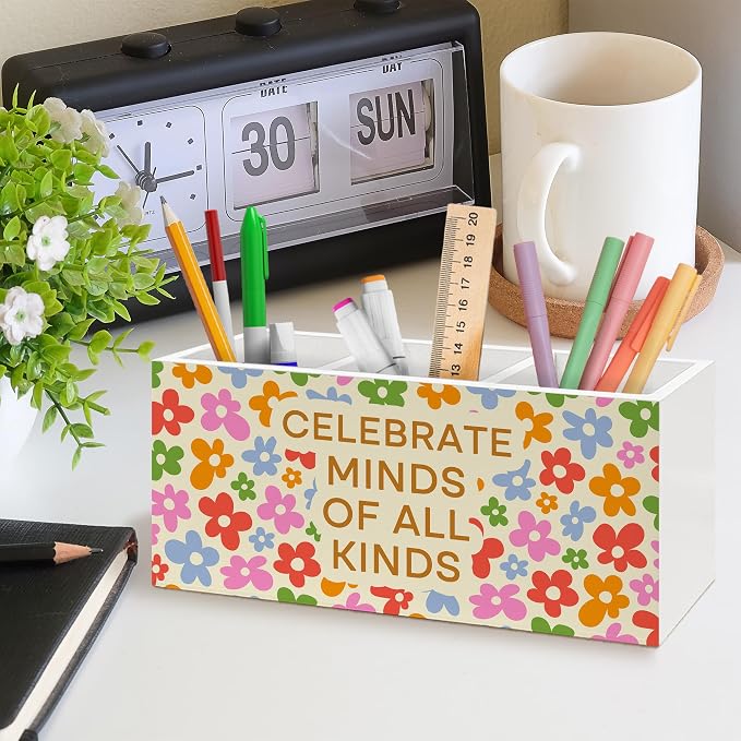 Retro Mental Health Floral Pen Holder, Therapy Office Pen Pencil Holder Organizer for Desk Accessories, Teacher Appreciation Gifts Wooden Box Desk Decor for Office Classroom Desk Decorations