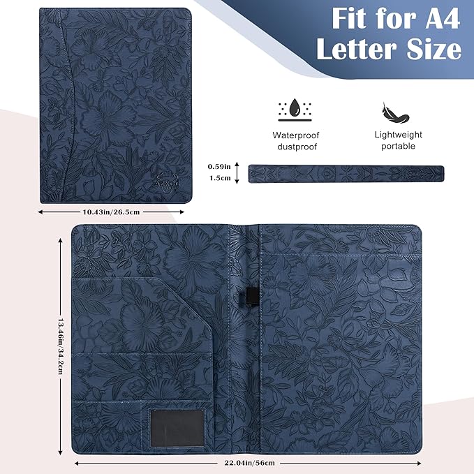 Free Engraved Name,Embossed Padfolio Portfolio PU Leather Binder,Interview Resume Folder,Business Card Holder, Organizer with A4 Legal Pads for Men Women(Blue,Custom)