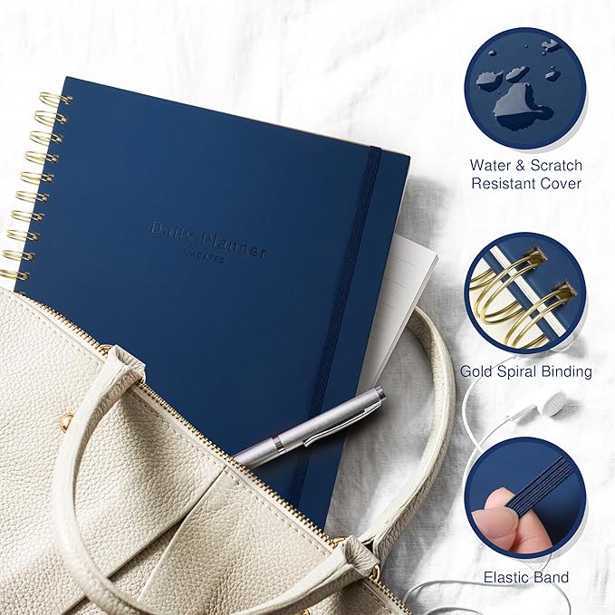 AuroPlanner Undated Daily Planner To Do List Hourly Schedule 2027 2026 2025 Calendar & Holiday Habit Tracker 180 Pages Letter Size 8.5" x 11" Sheets Hardcover Spiral Bound Notebook (Navy Blue)