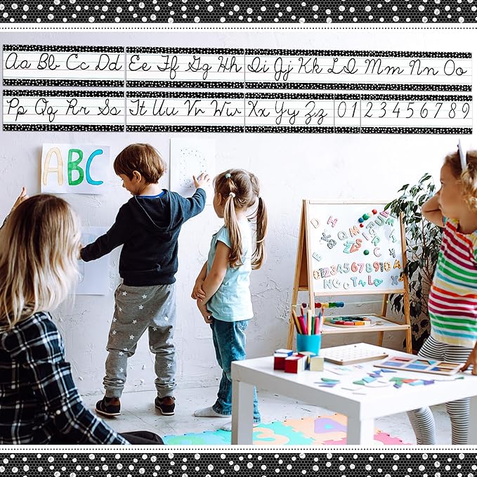 Set of 9 Cursive Writing Bulletin Board Cursive Alphabet Wall Strip for Teacher Supplies, Classroom Teaching Tool, Homeschooling, Kids Education(Black Dot)