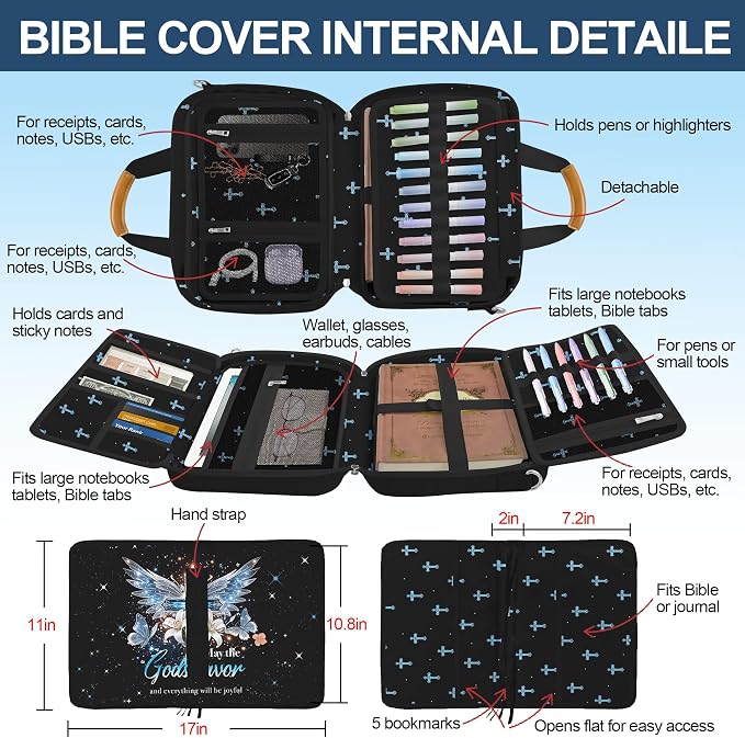 Bible Cover for Women Large Bible Cover Bible Carrier Bag for Women Organizer Cross Bible Study Supplies Journaling Kit Book Carrying Case with Bible Highlighters Shoulder Strap Christian Gifts
