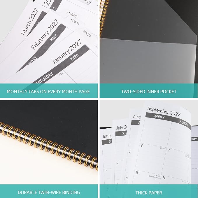 2027-2031 Monthly Planner 5 Year Monthly Planner/Calendar 2027-2031, Jan 2027 – Dec 2031, 9" x 11", Tabs, Double-Side Pocket, Holidays, Thick Paper - Black