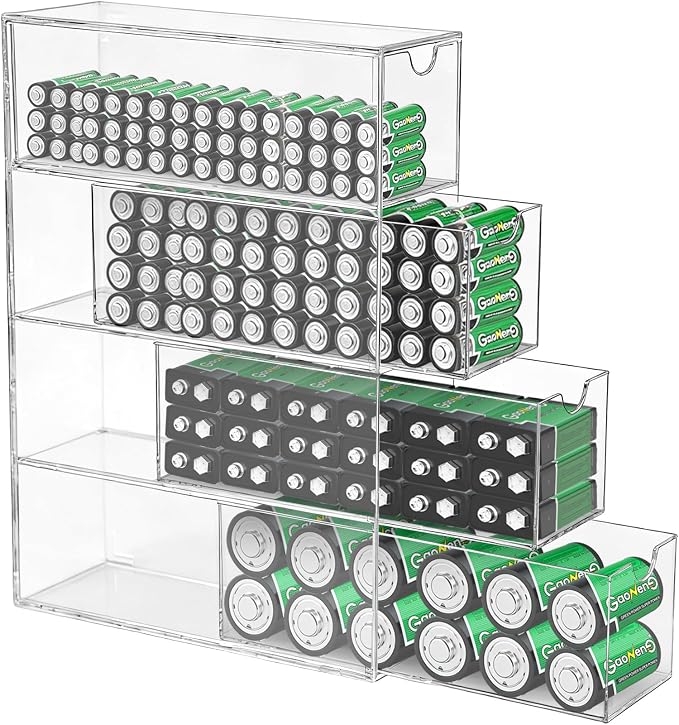 1 Pack Clear Acrylic Battery Storage Organizer for AA, AAA, C, 9V Batteries, 4-Drawer Battery Organizer for Common Types Batteries(Batteries Not Included)