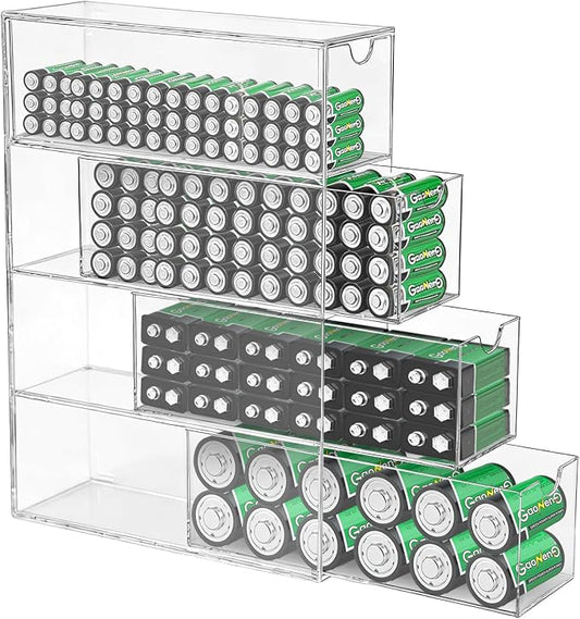 1 Pack Clear Acrylic Battery Storage Organizer for AA, AAA, C, 9V Batteries, 4-Drawer Battery Organizer for Common Types Batteries(Batteries Not Included)