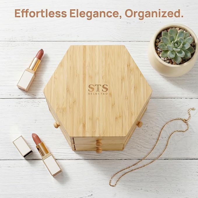 360° Rotatable Bamboo Desktop Organizer, Large Capacity Cosmetic & Jewelry Storage for Makeup Serum, Diamond, Easy Setup No Assembly (4-Tier 12-Drawers)