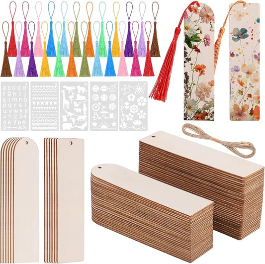 126PCS Bookmark Making Kit, 60 PCS Unfinished Wood Bookmarks with 60 PCS Colorful Tassels 5 Templates Craft and 1 Rope for DIY Crafts, Painting, Father's Day Gift, Birthday Party