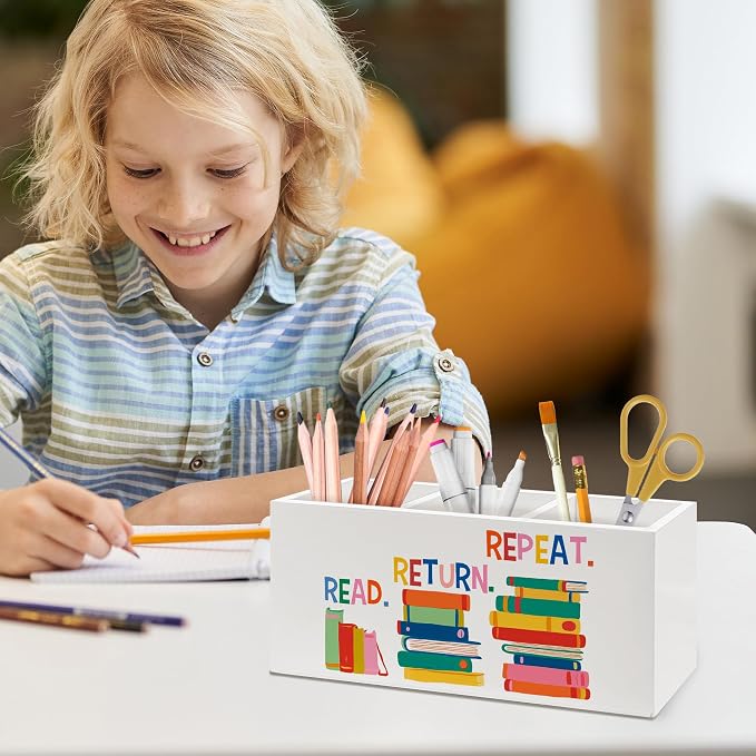 Book Lover Gifts Pen Holder, Book Reader Gifts Classroom Pen Pencil Holder Organizer for Desk Accessories, Bookish Wooden Box Desk Decor for Reading Room Library Classroom Desk Decorations