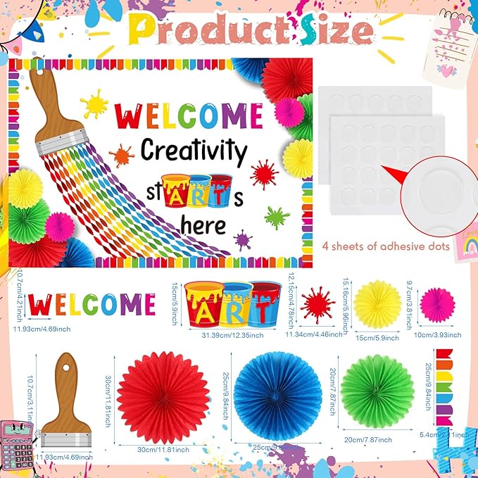 Pasimy Art Painting Bulletin Board Decorations Welcome Back Art Classroom Decor Rainbow Paintbrush Cutouts DIY Crepe Paper Rolls with Colorful Paper Fans for Wall Door Back to School Supplies