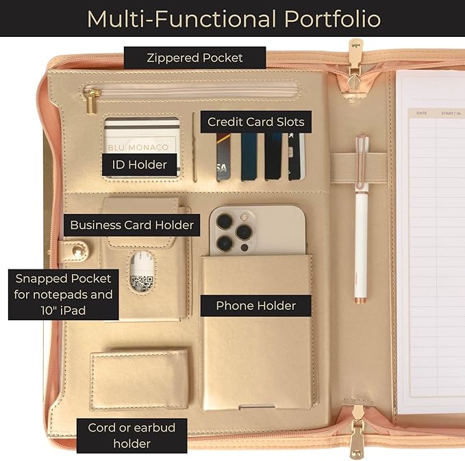 BLU MONACO | Peach Beige Vegan Leather Portfolio Binder for Women | Zipper Portfolio Binder with Gold Trim | Professional Business Portfolio with Zipper for 8.5 x 11 Documents