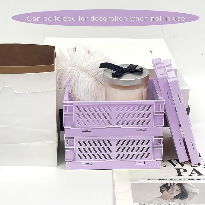 6 Pack Mini Foldable Small Plastic Baskets for Organizing and Storage，Collapsible Storage Crates,Mini Bins for Home Kitchen Bedroom Bathroom Office (Purple, Small 6x4x2.2)