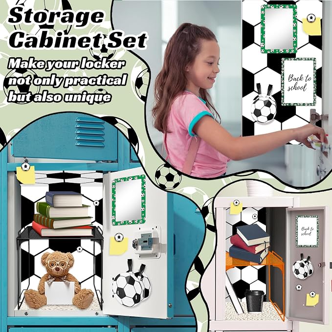 Demonwer 14 Pcs Locker Accessories Kit Soccer Themed Locker Organizer Magnetic Whiteboard Mirror Pen Holder Soccer Stickers for Back to School Essentials Locker Decorations