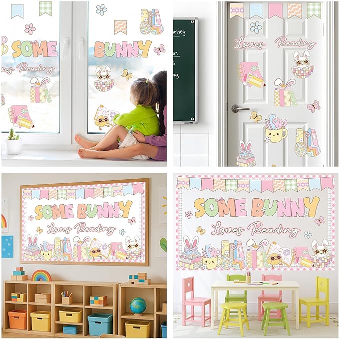 Easter Bulletin Board Set Some Bunny Loves Reading Classroom Decoration Easter Eggs Bunnies Bulletin Board Cutouts for Library Classroom School Holiday Chalkboard Wall Decor