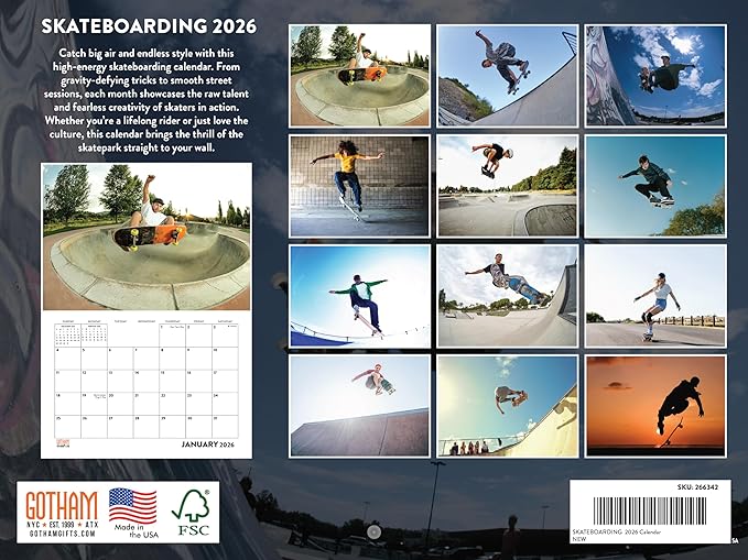 Skateboarding Calendar 2026 Skate Board Monthly Wall Calender 12 Month | American Made In The USA