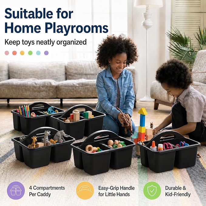 gisgfim 6 Pack Plastic Classroom Caddy with 4-Compartments Plastic Storage Caddies with Handle 4 Compartments Table Caddy Organizer Versatile Table Caddies for Classroom Office, Black