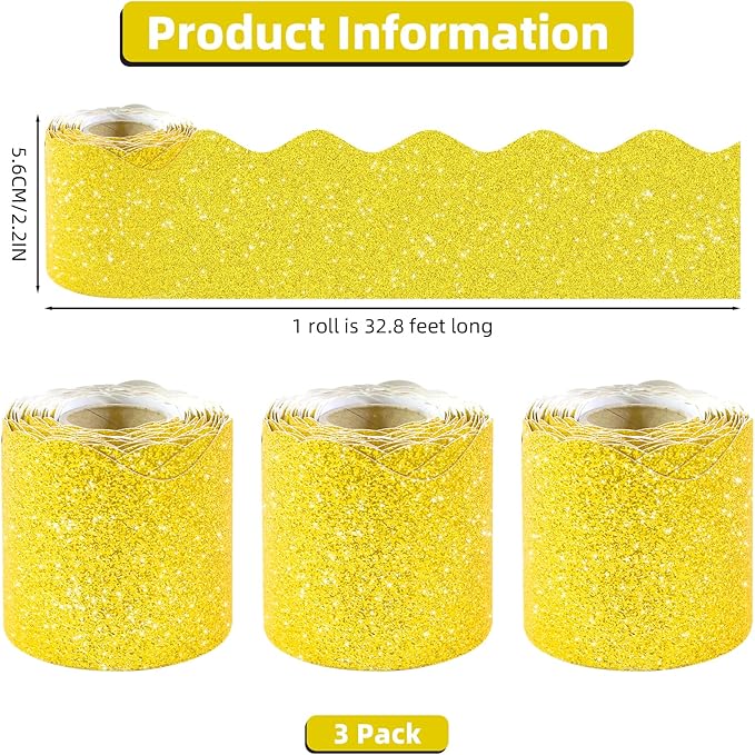 3 Rolls 98.4 Ft Glitter Bulletin Board Borders Set - Gold Bulletin Board Decorations for Classroom, Office，School Supplies & Home DIY - Perfect for Teachers, Posters & Birthday Party Decor