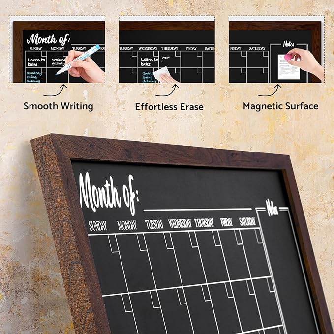 DOLLAR BOSS Chalkboard Calendar Corkboard Combo, 24" x 18" Magnetic Chalk Board Monthly Planner & Natural Cork Bulletin Rustic Wood Frame for Office Home School with 4 Markers, 8 Magnets, 10 Pins