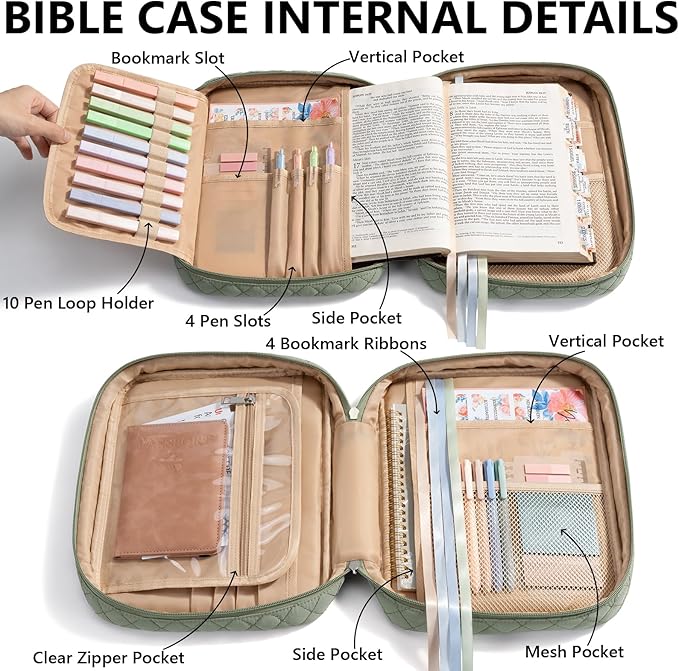 Bible Cover Case for Women Large Bible Bag, Bible Study Supplies Journaling Kit Quilted Church Bag with Handle, Puffer Book Carrying Case w/Tabs Accessories Mothers Day Christian Gifts for Women Mom