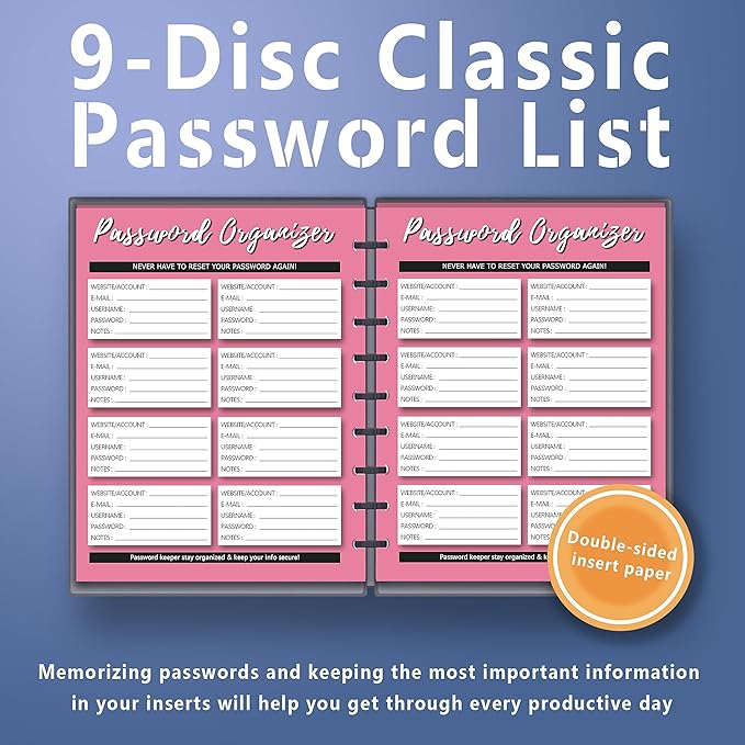 Insert for 9-Disc Classic, Color Password Tracke，Pre-punched Inserts,Refill Calendar